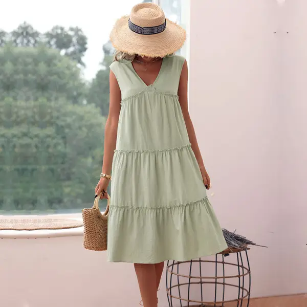 Maternity V-Neck Skirt Loose Pleated Cotton Linen Sleeveless Dress - Lukalula.com 