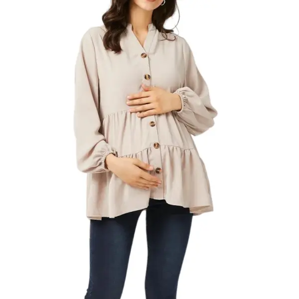 Maternity Solid Color V-Neck Long Sleeve Nursing Top Shirt - Lukalula.com 