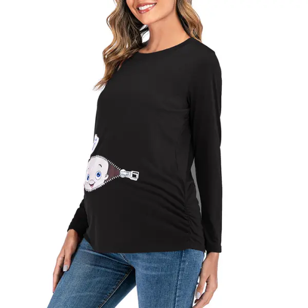 Maternity Crew Neck Long Sleeve Printed T-Shirt - Lukalula.com 
