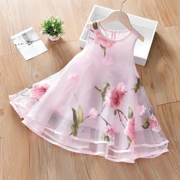 Girls Fresh Sweet Flowers Full Print Sleeveless Mesh Dress - Lukalula.com 