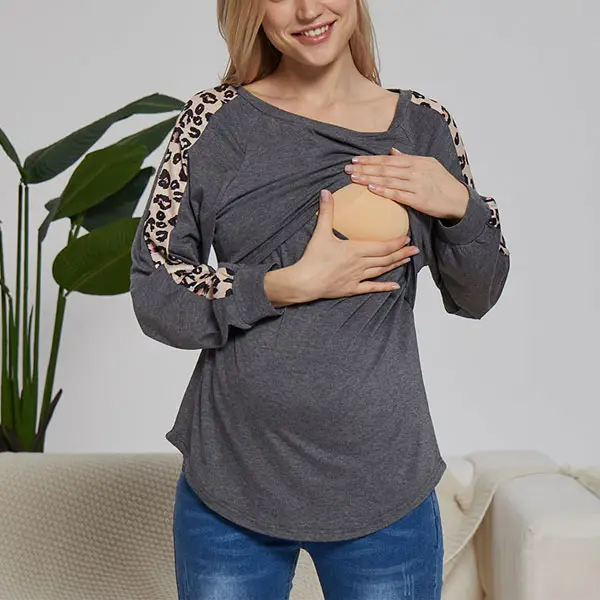 Maternity Round Neck Leopard Print Nursing T-shirts - Lukalula.com 