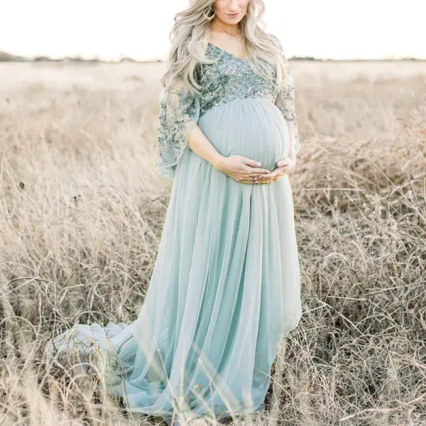 Maternity V Neck Pure Color Photoshoot Gowns Dress 