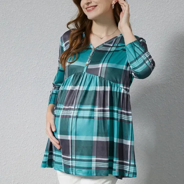 Maternity V-Neck Check Long Sleeve Nursing Top - Lukalula.com 
