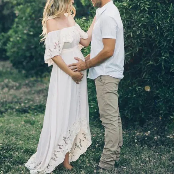 Maternity Solid White Lace Off Shoulder Photoshoot Dress 