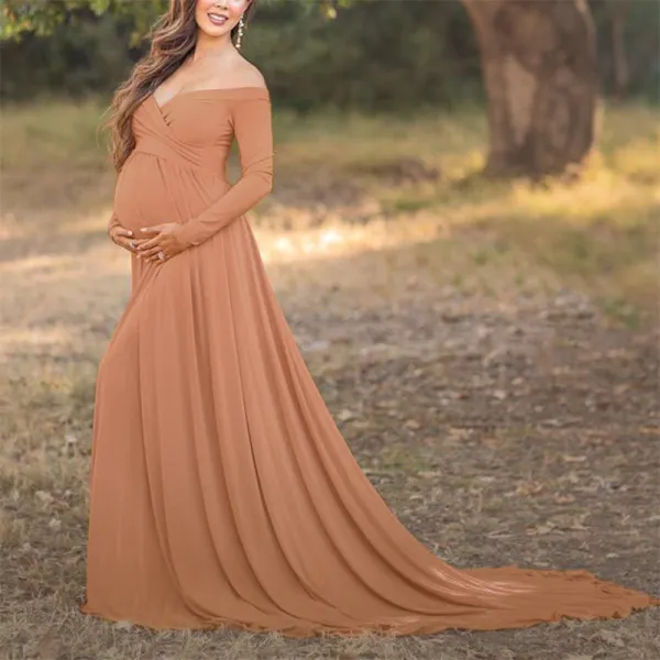 Maternity Off Shoulder Long Sleeve Floor-Length  Photoshoot Dress 