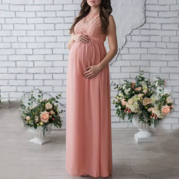 Maternity Lace Patchwork Full Length Dress - Lukalula.com 