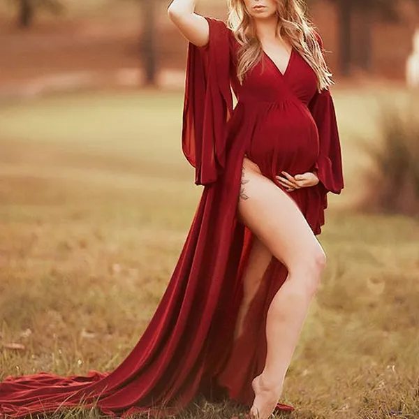 Maternity Wrap Deep V Red Long Sleeves Floor-Length Photoshoot Dress 