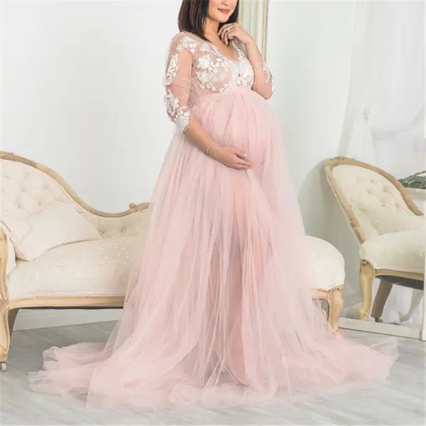 Maternity Elegant V-neck Stitching Mesh photoshoot Gown Pink Dress 