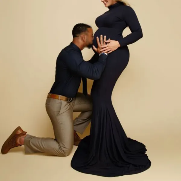 Shop Discounted Maternity Fashion High Collar Solid Color Long Sleeve Dress Online at lukalula.com 