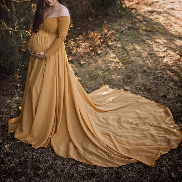 Maternity Long Sleeve Elegant Pure Color v-neck photoshoot Dress 