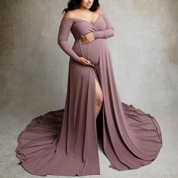 Maternity Off-Shoulder High Waist Split Photohsoot Dress - Lukalula.com 