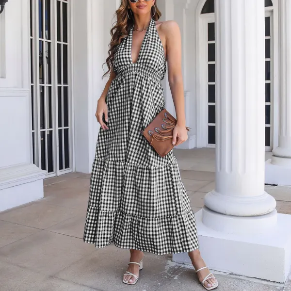 Maternity Cotton Ruffled Boho Plaid Halter Maxi Dress - Lukalula.com 