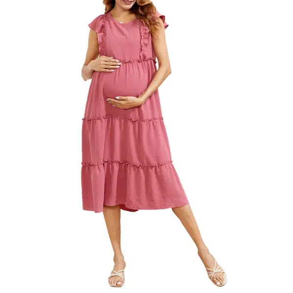 Maternity Round Neck Ruffled Maxi Dress - Lukalula.com 