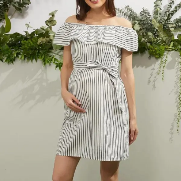 Maternity Striped One-Neck Dress - Lukalula.com 