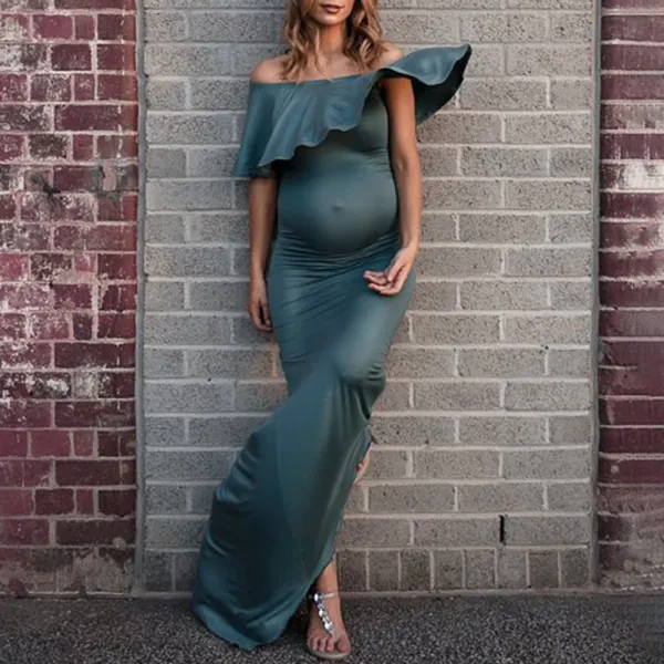 Maternity Green Ruffle Off-the-Shoulder Photoshoot Dress - Lukalula.com 