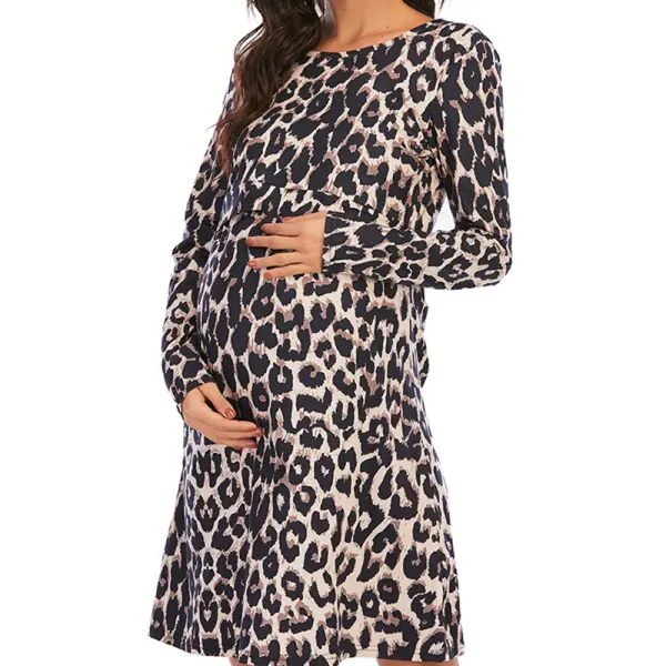 Maternity Leopard Print Round Neck Long Sleeve Nursing Dress - Lukalula.com 