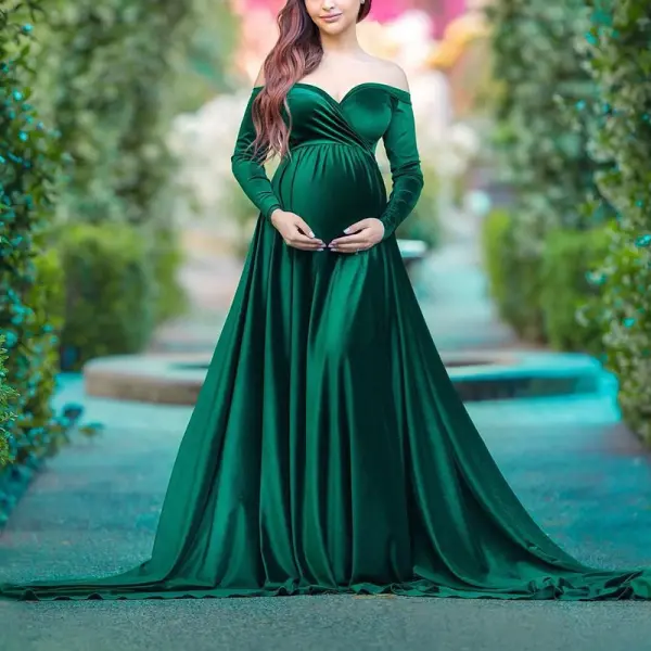 Maternity Elegant Solid Color Velvet Collar Long Sleeve Photoshoot Dress - Lukalula.com 