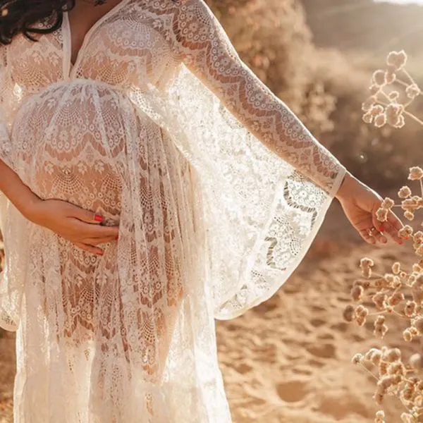 Maternity White Lace VNeck Transparent Photoshoot Dress