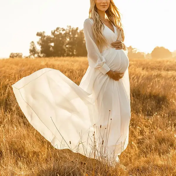 Maternity White Long Sleeve Photoshoot Dress - Lukalula.com 