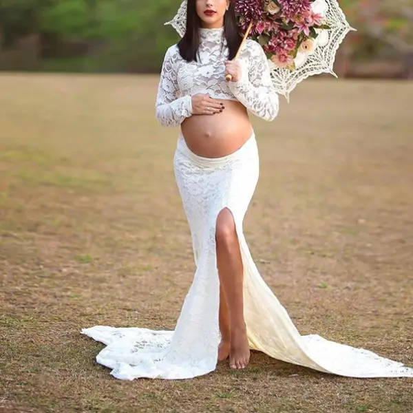 Fashion Lace Two-piece Maternity Photoshoot Baby Shower Dress Sets 
