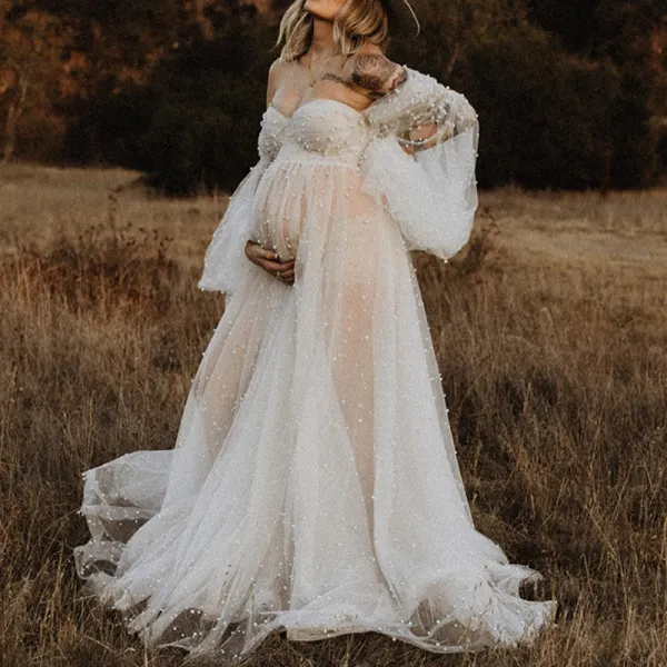 Maternity Off-shoulder White Sheer Lace Photoshoot Baby Shower Gown Dress