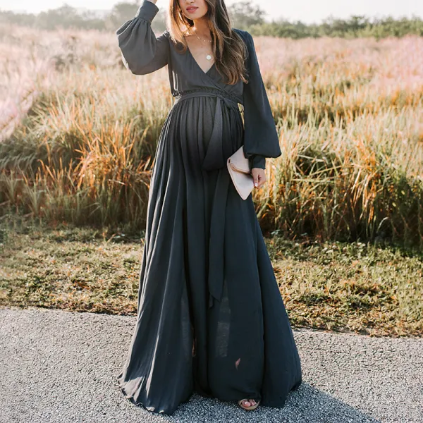 Shop Discounted Maternity Casual V-neck Long Sleeve Solid Color Dress online at lukalula.com 