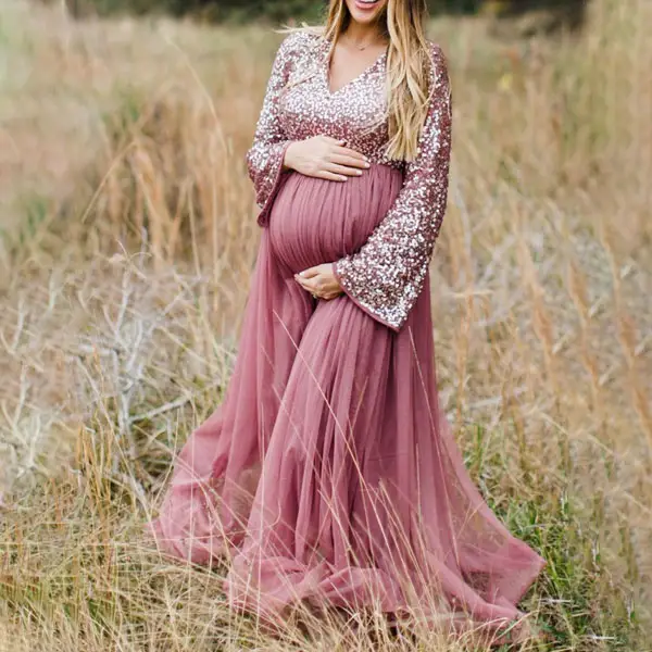 Maternity Stylish V-Neck Long Sleeve Mesh Photoshoot Dress - Lukalula.com 