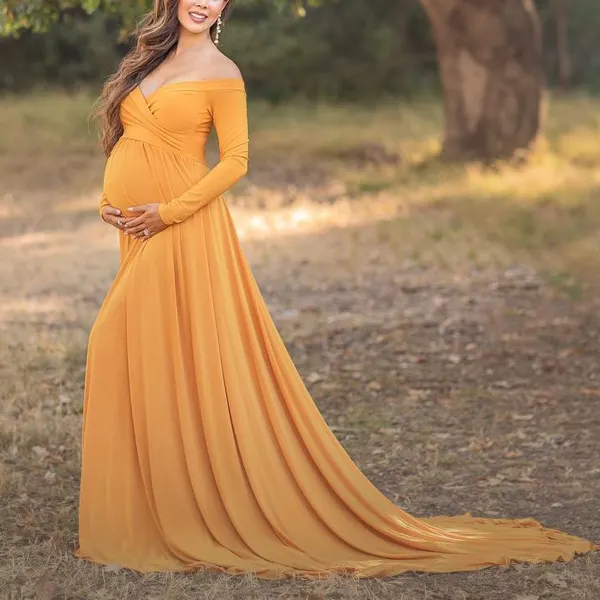 Maternity Off Shoulder Long Sleeve Floor-Length Dress - Lukalula.com 