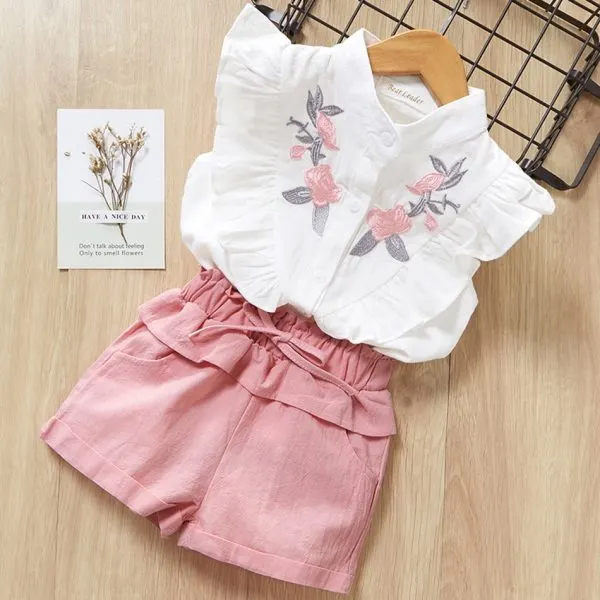 【6M-8Y】2-piece Girl Sweet Floral Embroidery Sleeveless Shirt And Shorts Set - 34230 - Popopieshop.com 