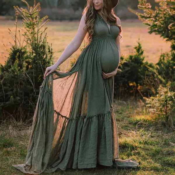 Maternity Cotton Green VNeck Backless Sleeveless Photoshoot Dress