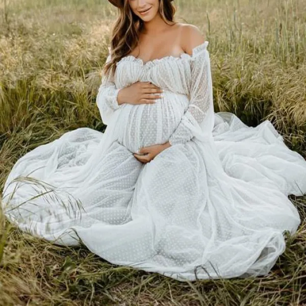 Maternity Elegant White Polka Dot Chiffon Off Shoulder Sheer Tulle Photoshoot Dress 