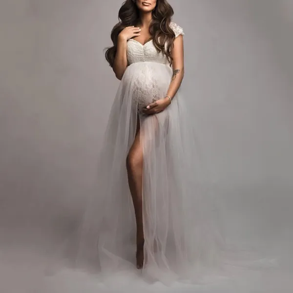 Maternity Lace Mesh Off Shoulder Photoshoot Dress - Lukalula.com