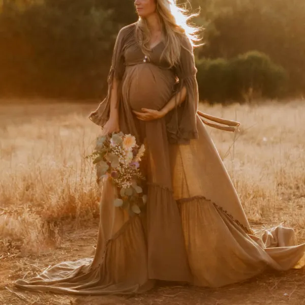 Maternity Deep V-Neck Ruffle Split Dress Maxi Photoshoot Dress - Lukalula.com 