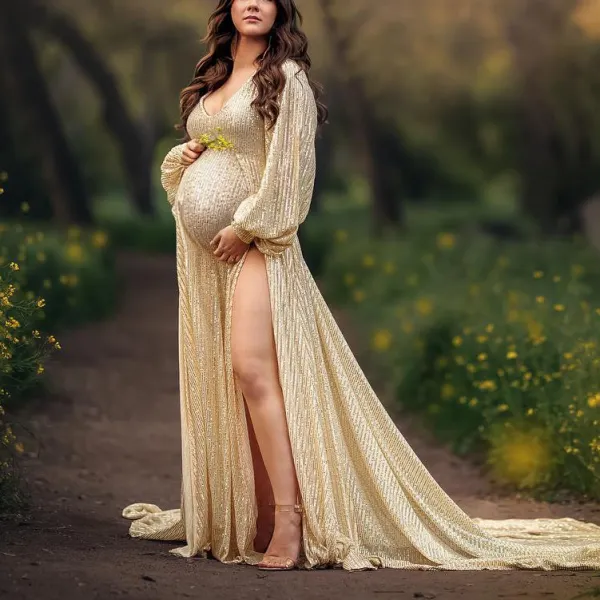Maternity Gold Sequin VNeck Gown Split Maxi Photoshoot Baby Shower