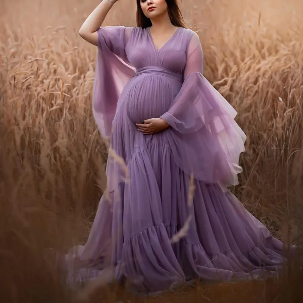 Maternity Purple Chiffon V-Neck Ruffle Photoshoot Dress - Lukalula.com 