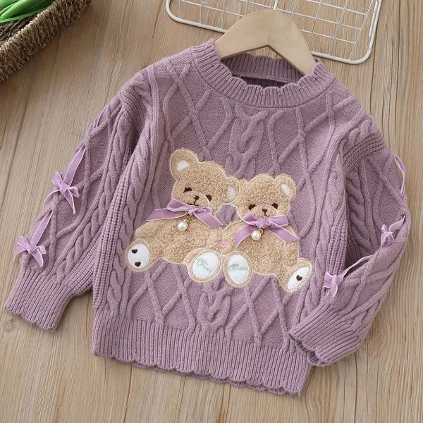 【18M-6Y】Girls' Bear Embroidered Round Neck Long Sleeve Sweater - Thefolls.com 