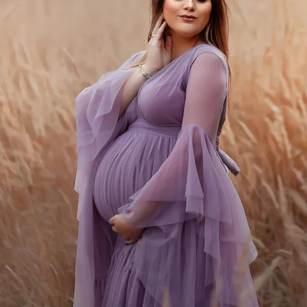 Maternity Purple Chiffon VNeck Ruffle Photoshoot Dress