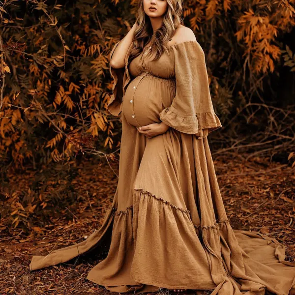 Maternity Off Shoulder Split Dress Blue Maxi Photoshoot Dress