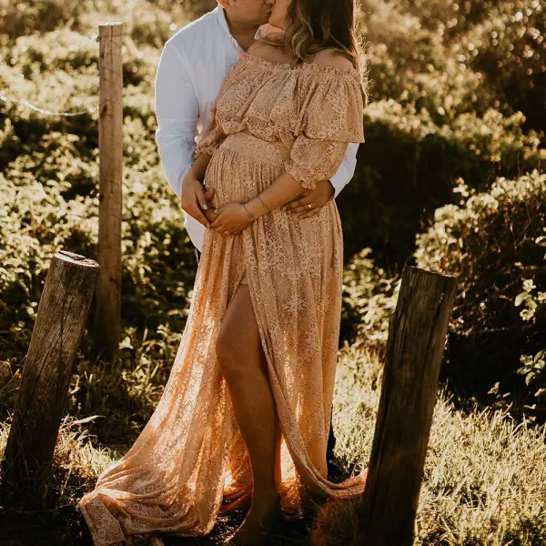 Maternity Khaki Lace Ruffle One Off Shoulder Split Photoshoot Dress