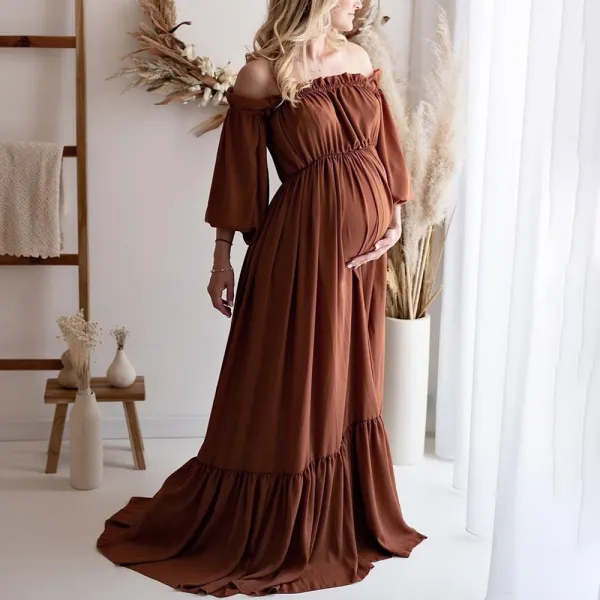 Maternity Brown One-Shoulder Long Sleeve Photoshoot Dress - Lukalula.com 