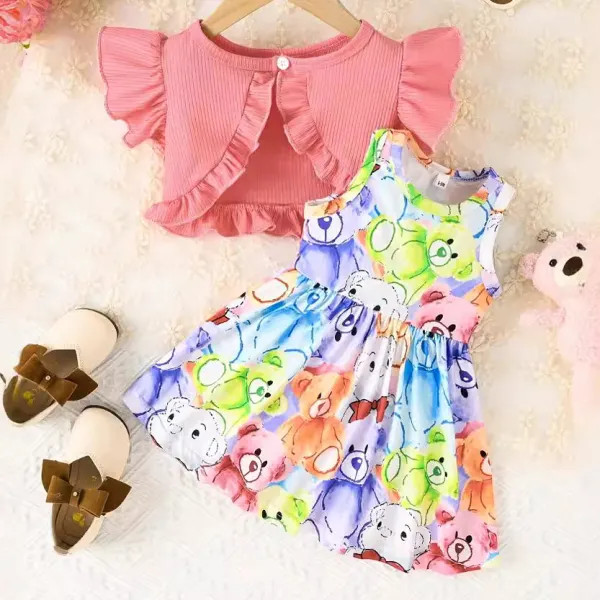 【6M24M】2piece Baby Girl Cute Bear Print Dress And Ruffle Cardigan Set