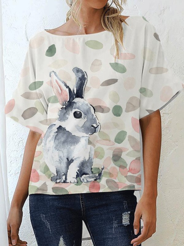 

Bunny Print Boat Neck Five-point Sleeve Loose Shirt