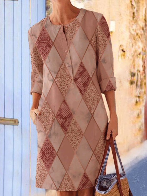 

Long-sleeved Decorative Button Round Neck Dress With Rhombus Print