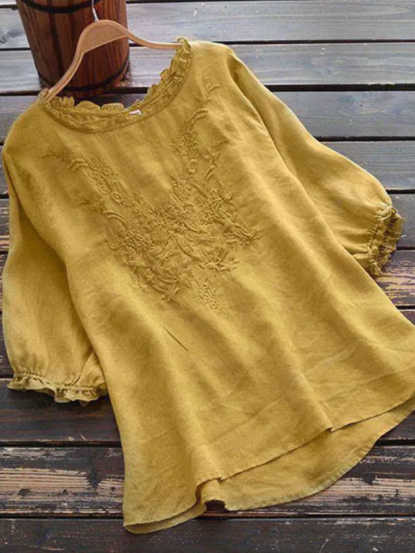 Ladies Round Neck Cotton Embroidered Casual Short-sleeved Blouse - Plazabery.chimpone.com 