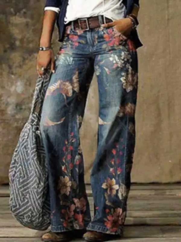 свободные брюки в стиле ретро с джинсовым принтом - Funluc.com 