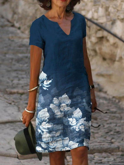 V-neck Floral Print Loose Casual Short-sleeved Shift Dress