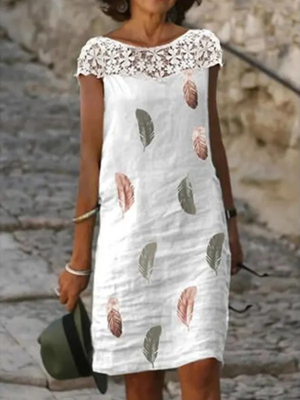 Ladies Casual Feather Print Stitching Shift Dress - Realyiyi.com 