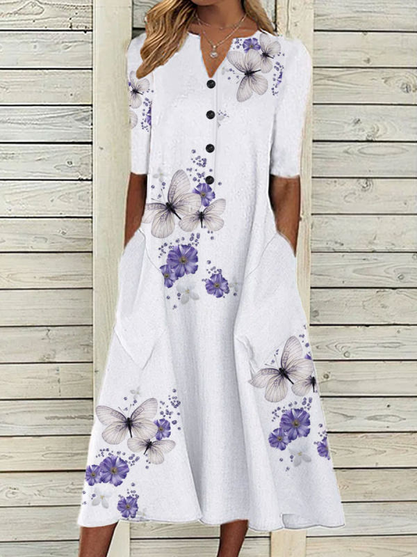 Butterfly Print Long Sleeve Casual Maxi Dress - Juretro.com
