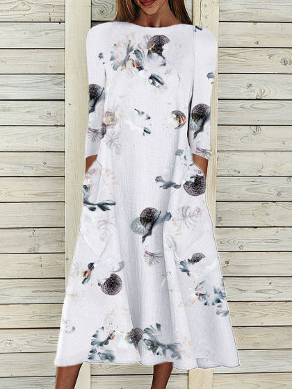 Round Neck Floral Print Casual Loose Maxi Dress
