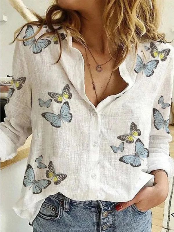 Ladies Butterfly Print Cotton Long Sleeve Blouse - Amikiss.com 